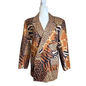 Louise Denee Blazer Double Breasted Women’s M Brown Leopard Patches Cotton Coat‎